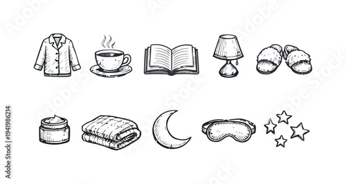 Bedtime routine icons collection, pajamas, book, tea, lamp, slippers, cream, blanket, moon, eye mask, stars