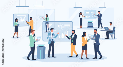 Diverse business professionals collaborating and analyzing data in a modern office environment with digital screens and charts.
