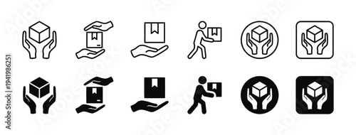 Black and white icons depicting safe handling and delivery of packages