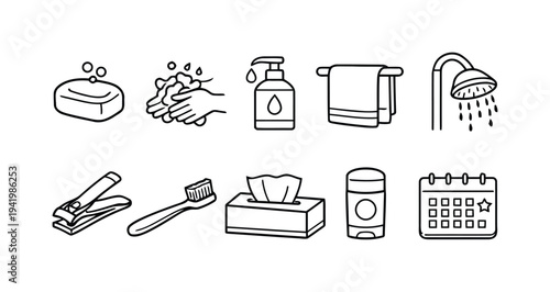 Black and white hand drawn set of bathroom essentials and personal hygiene icons