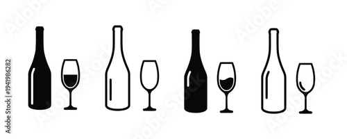 Black and white icons of wine bottles and glasses for beverage and celebration themes