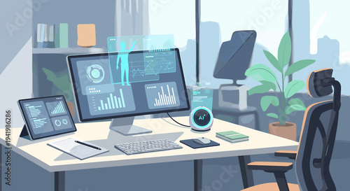Modern office desk with computer displaying data analytics and smart devices in a contemporary workspace.
