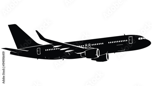 Silhouette of a sleek commercial airplane in mid-flight against white background