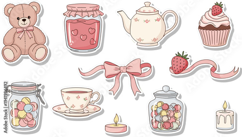 Assorted cartoon sweets and tea set in pastel colors with soft lighting on white background for greeting cards