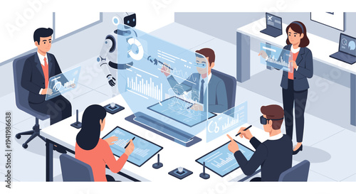 A team of professionals in a modern office collaborates with a robot and holographic displays, showcasing advanced technology and teamwork.