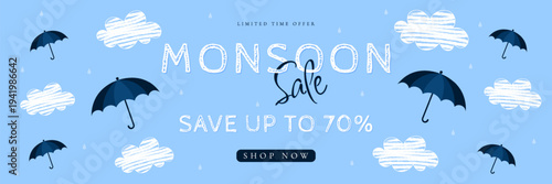 Monsoon sale horizontal banner with umbrellas and clouds vector illustration.