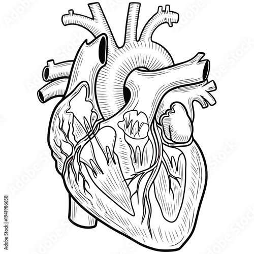 Detailed anatomical illustration of the human heart and its structures