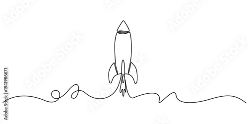 Rocket one line art minimalist continuous drawing vector illustration, One continuous line drawing of simple retro spacecraft flying up to the outer space nebula. Rocket space ship launch into.