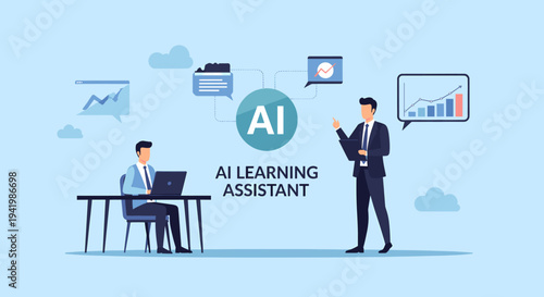 AI Learning Assistant concept with business professionals analyzing data and technology.