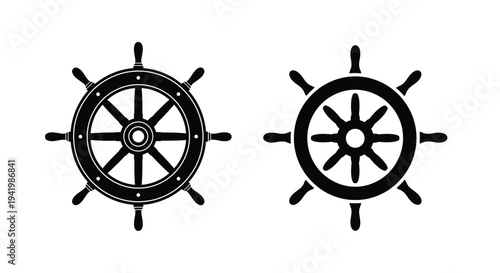 Two ship wheels displayed in a stark black silhouette