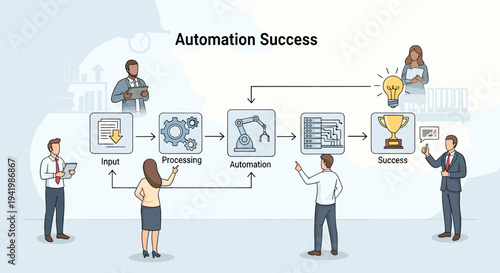 Illustration depicting the stages of automation success, from input and processing to automation and ultimate triumph.