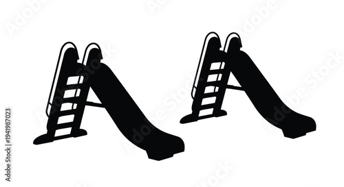 Two playground slides depicted in a stark black silhouette