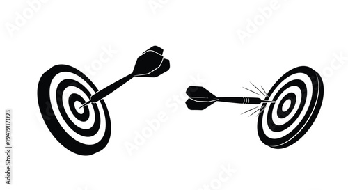 Two dartboards with darts one bullseye hit in black silhouette