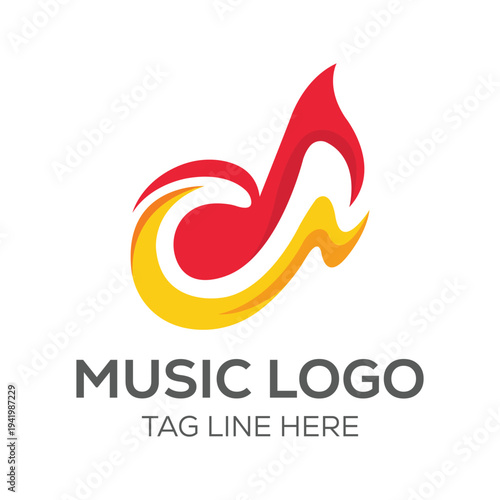 Vibrant Musical Note Emblem Dynamic Red and Yellow Swirls Logo Design Inspiring Sound and Creativity for Audio Entertainment and Performance Brands