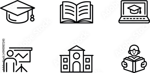 Education book and school building outline icons


