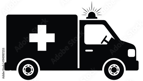Silhouette of an ambulance with a large cross on the side and flashing light