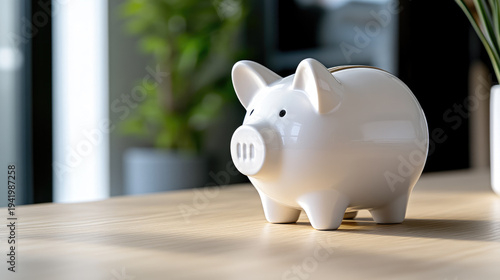 White ceramic piggy bank sitting on a light wooden desk, symbolizing financial growth, prudent spending, budgeting, and long term security in a modern setting