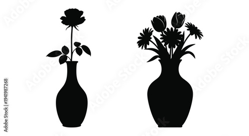 Two vases of flowers displayed as a striking black silhouette
