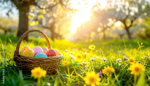 Bunter Osterkorb mit bemalten Eiern im sonnigen Frühlingsgarten
