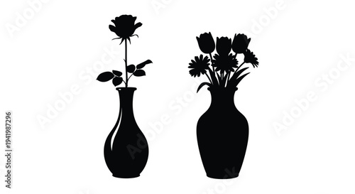 Two vases of flowers depicted in a striking black silhouette