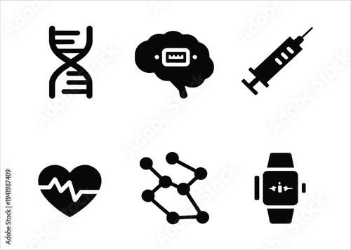 Modern vector icons collection representing key concepts in medical innovation, scientific research, artificial intelligence, biotechnology, and health monitoring technology