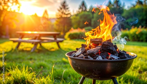 Barbecue grill with hot coals and flames in sunny backyard