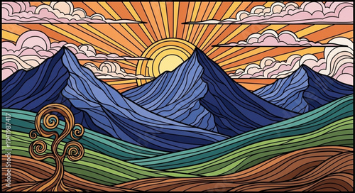 Colorful Landscape with Mountains and Sun.