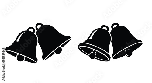 Two black bells displayed in different orientations a striking silhouette