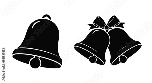 Two christmas bells and a single bell in a black silhouette