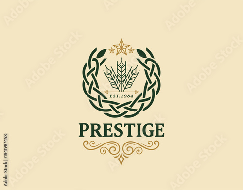 Vintage Heraldic Crest Featuring Three Wheat Ears and Decorative Filigree Ornament for Traditional Bakery or Flour Mill Business Badge