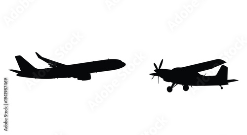 Two airplanes in flight a commercial jet and a bush plane silhouette