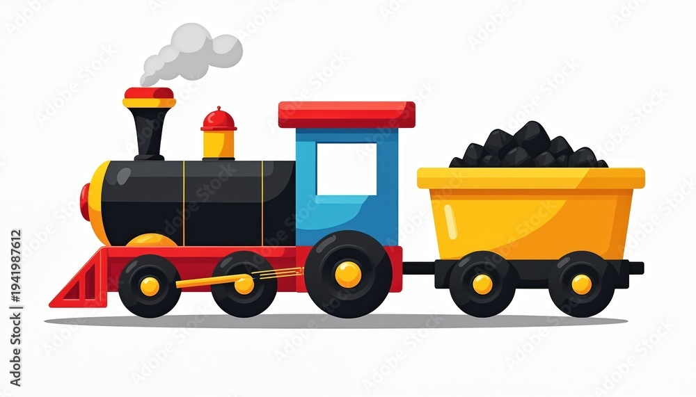 Naklejka premium Cartoon train engine hauls coal in yellow wagon. Locomotive emits steam from smokestack. Bright colors, playful graphic style, suitable for kids transport themes.