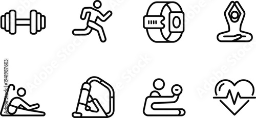 Fitness icons running smartwatch and travel suitcase

