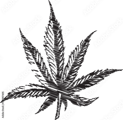 A black and white illustration of a cannabis leaf