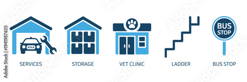 A set of minimalist icon illustrations representing various services and objects including storage, vet clinic, ladder, and bus stop in a simple graphic style