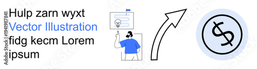 Business success, economic trends, financial analysis, creative thinking, growth strategies, innovation. Analyst discussing ideas with upward arrow and dollar icon. Business success and financial