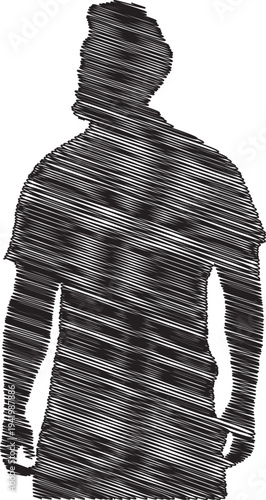 A man composed of various diagonal lines and shapes in black and white