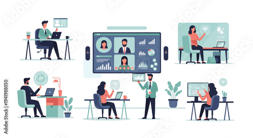 Diverse group of professionals collaborating and working remotely in a modern office setting with digital interfaces.