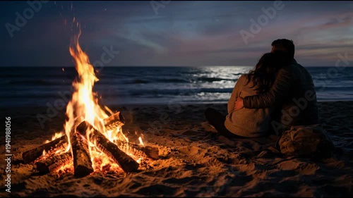 Couple sitting by a fire at night on the beach. Romantic man and woman embracing while watching the ocean view. Vacation travel trip and outdoor leisure time.