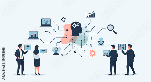 Business professionals collaborating with artificial intelligence and data analytics for strategic decision-making and technological innovation.
