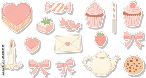 Pastel Valentines Day treats in whimsical illustration with soft pink and white colors on clean white background for greeting card design