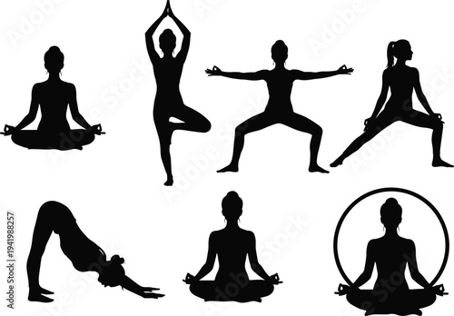 yoga pose silhouettes, mindfulness movement vector, wellness posture icon set, cad drawing flat vector illustration