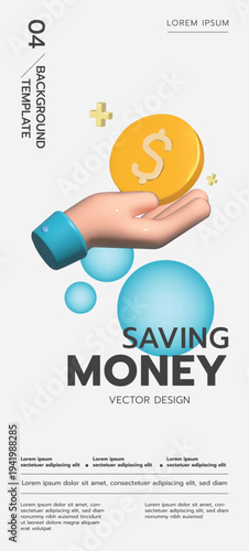 3D hand holding gold dollar coin representing saving money and financial investment concept. Background template for social media, poster, covers, flyers, presentations.