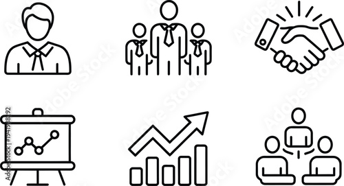 Leadership team and business growth outline icons set

