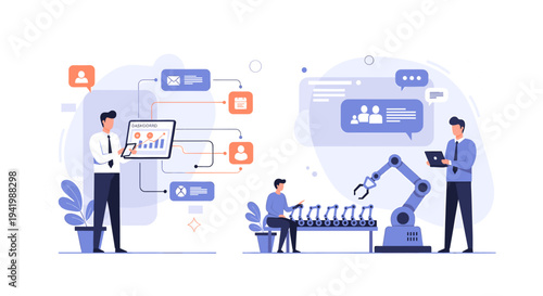 Illustration depicting business process management with data analysis and industrial automation with robotic manufacturing.