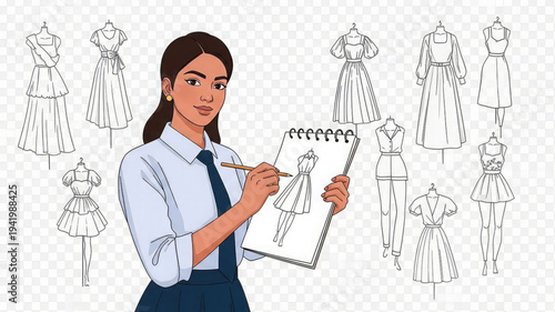 Fashion designer sketching dress designs on a notepad surrounded by various garment sketches on mannequins