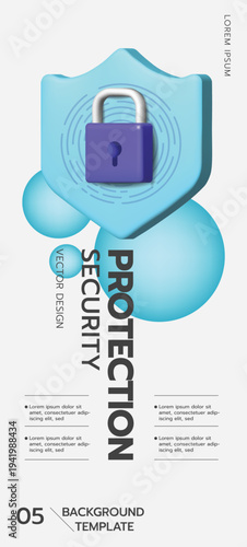 3D shield with padlock representing cyber security data protection and privacy safety. Background template for social media, poster, covers, flyers, presentations.