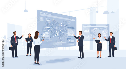 A diverse group of professionals in a modern office setting collaborating around a large interactive screen displaying AI and data visualizations.