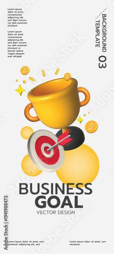 Golden trophy cup and target with arrow and dollar coins representing business success and achievement of financial goals for social media, poster, covers, flyers, presentations.