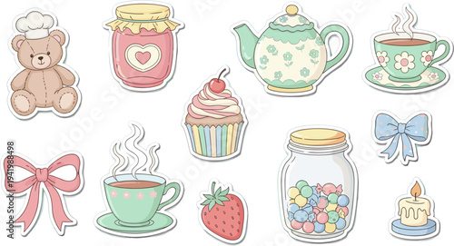 Assorted Pastel Clipart Elements in Whimsical Style with Soft Color Palette on White Background for Crafting